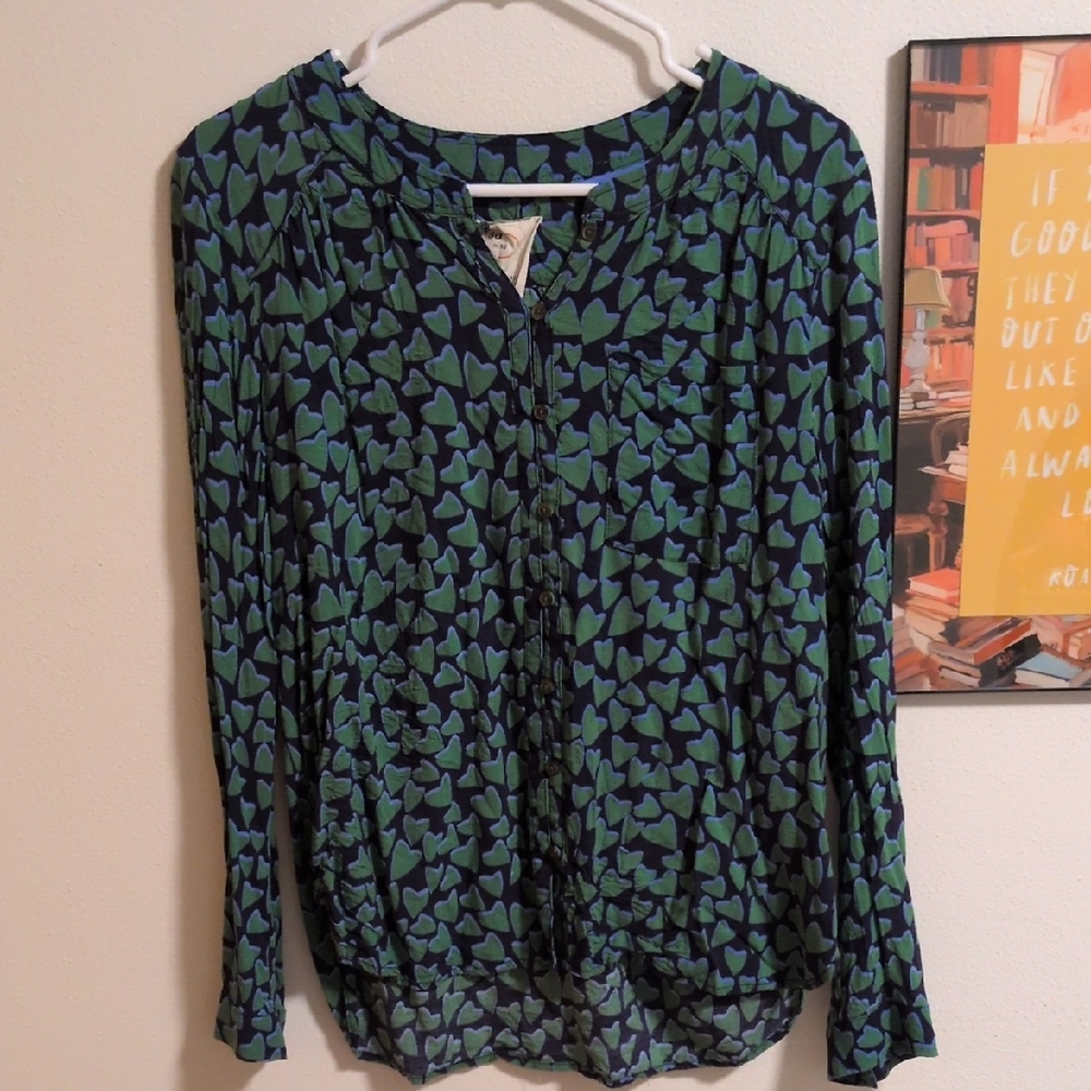 Anthropologie Navy Blouse with Green Heart Print
